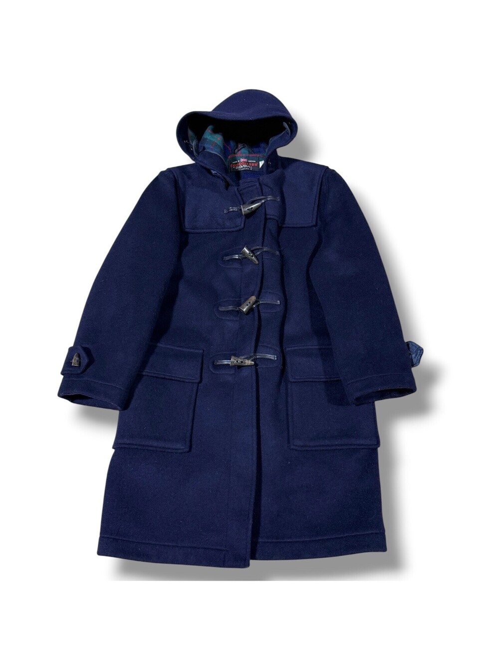 Vintage Gloverall Tartaneer Wool Duffle Coat Navy Hooded Made in England Size 38